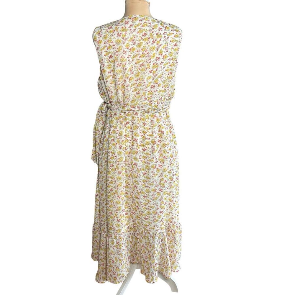 90's Vintage April Cornell Yellow Floral Pattern Wrap Midi Dress Boho Whimsy XL - Picture 2 of 11